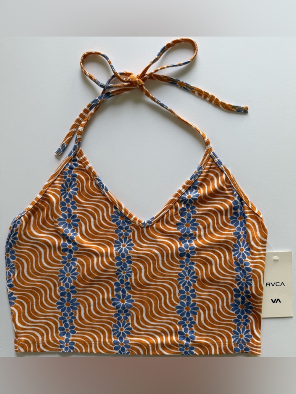 RVCA Retro Floral Halter Crop Top NWT Orange Blue Festival Boho